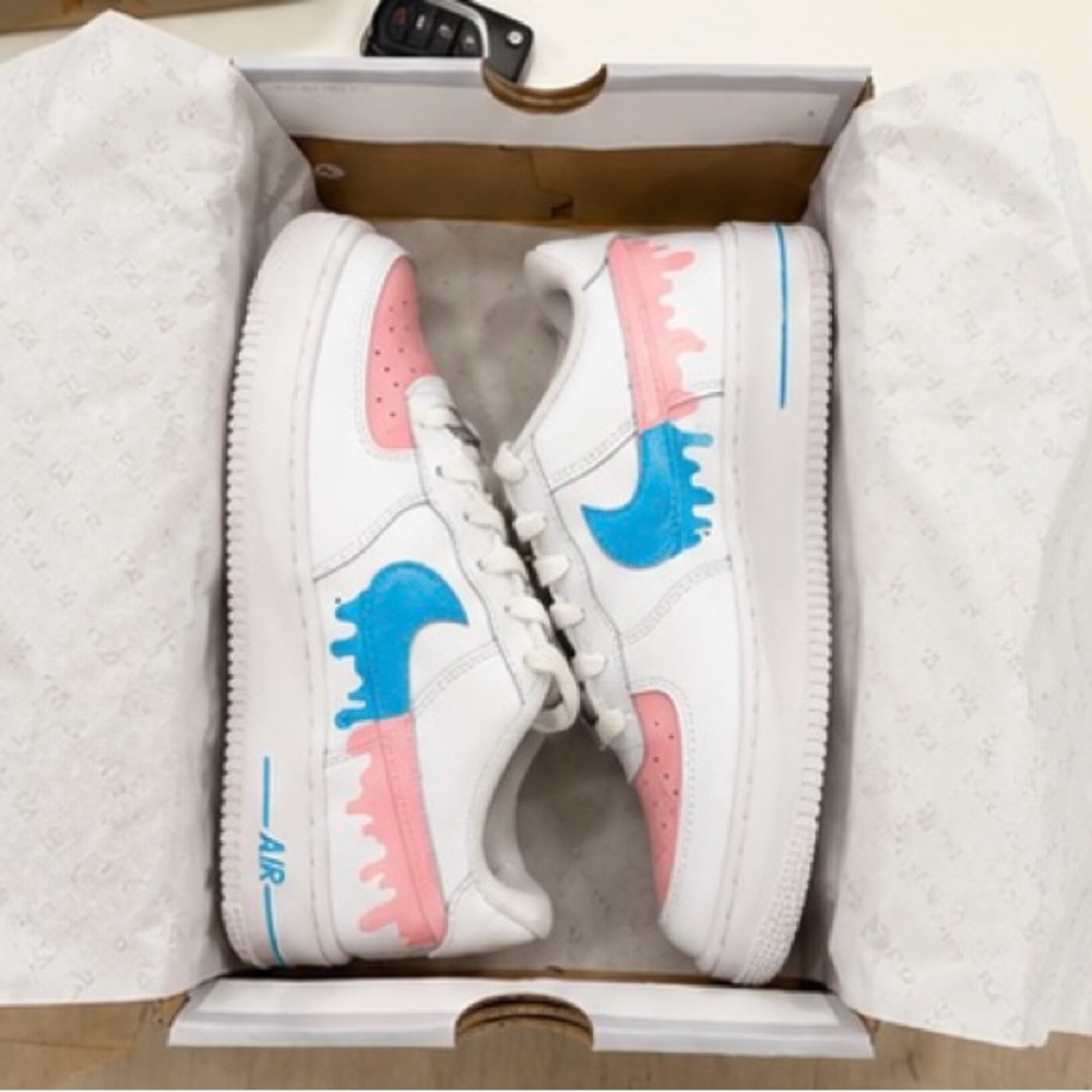 Custom Air Force 1’s White Sneakers with Blue and Pink drips